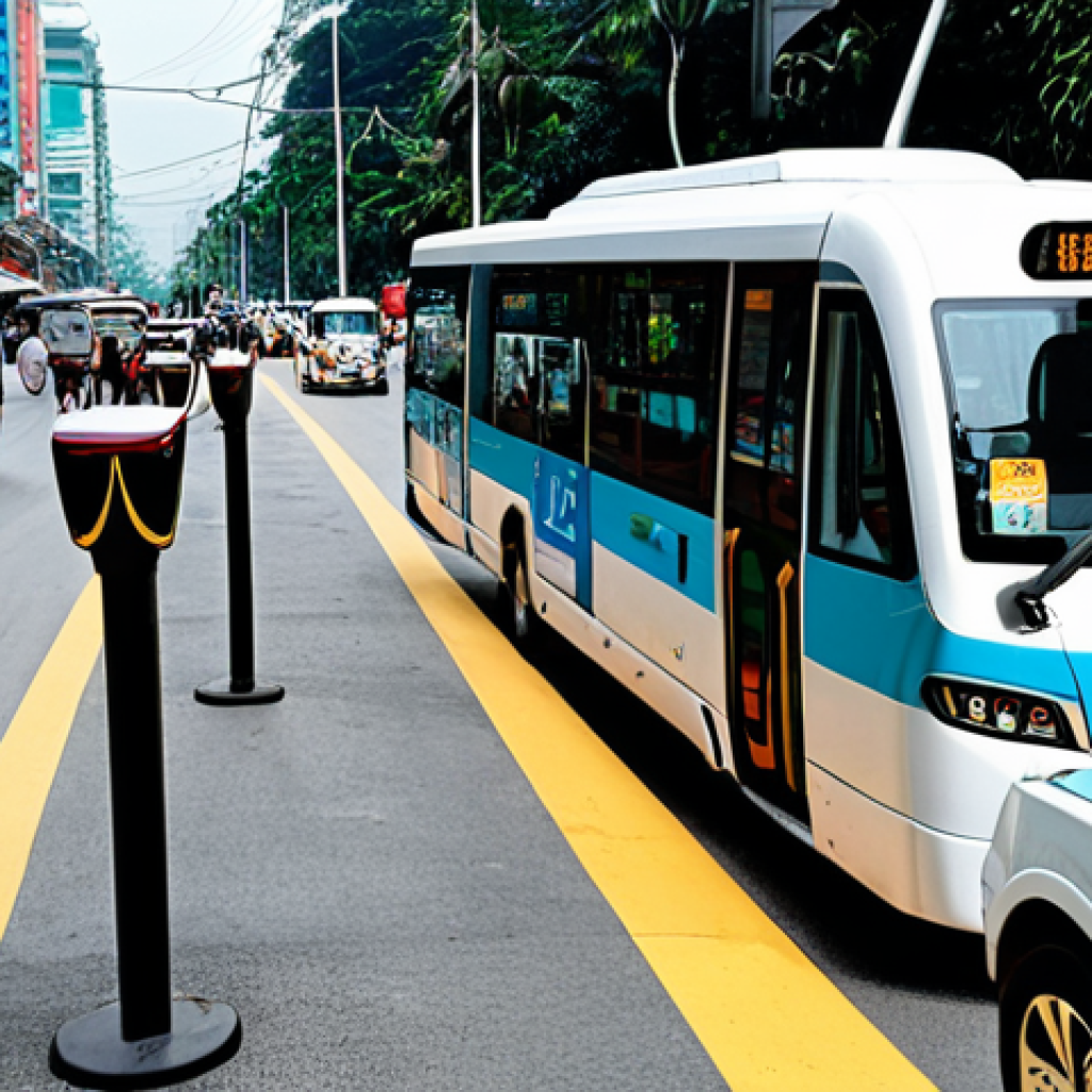 **Image Prompt:** A bustling Malaysian city street showcasing a mix of transportation methods: electric cars charging at a station, ride-sharing vehicles picking up passengers, and people using e-scooters on dedicated lanes. In the background, smart public buses with digital displays showing real-time information. The image emphasizes a connected and sustainable urban mobility ecosystem in Malaysia.