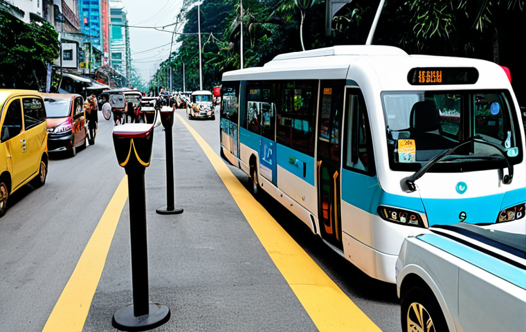**Image Prompt:** A bustling Malaysian city street showcasing a mix of transportation methods: electric cars charging at a station, ride-sharing vehicles picking up passengers, and people using e-scooters on dedicated lanes. In the background, smart public buses with digital displays showing real-time information. The image emphasizes a connected and sustainable urban mobility ecosystem in Malaysia.